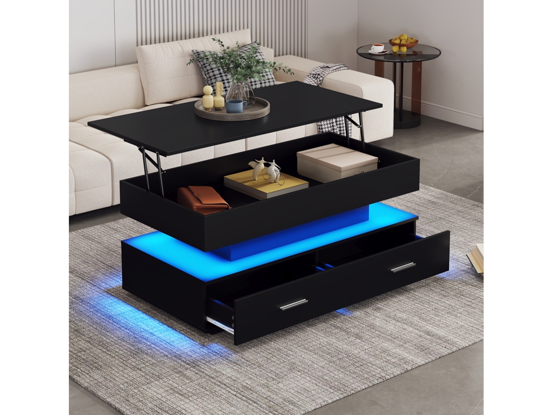 Mesa Centro Preta Elevável 100x50x44cm, Led, Bluetooth, 2 Gavetas.-hw
