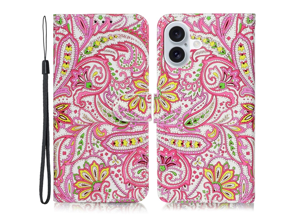 Capa Em Couro Pu Com Pega Para Apple Iphone 16 Plus - Flor