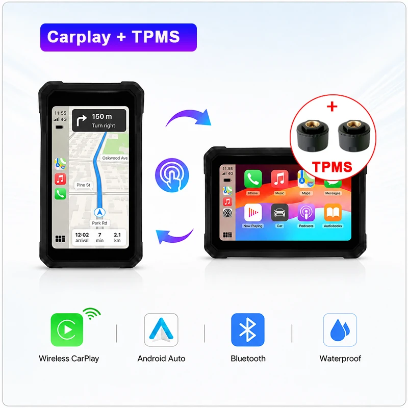 (carplay-tpms) Navegação Carplay Para Motocicleta De 6 Polegadas, Rotação De Tela Bluetooth