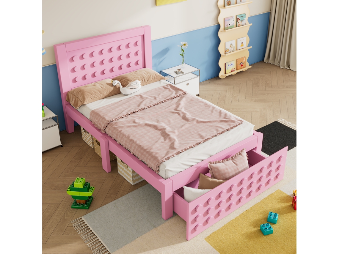 Cama Infantil 90x200 Madeira com Gavetas Rosa