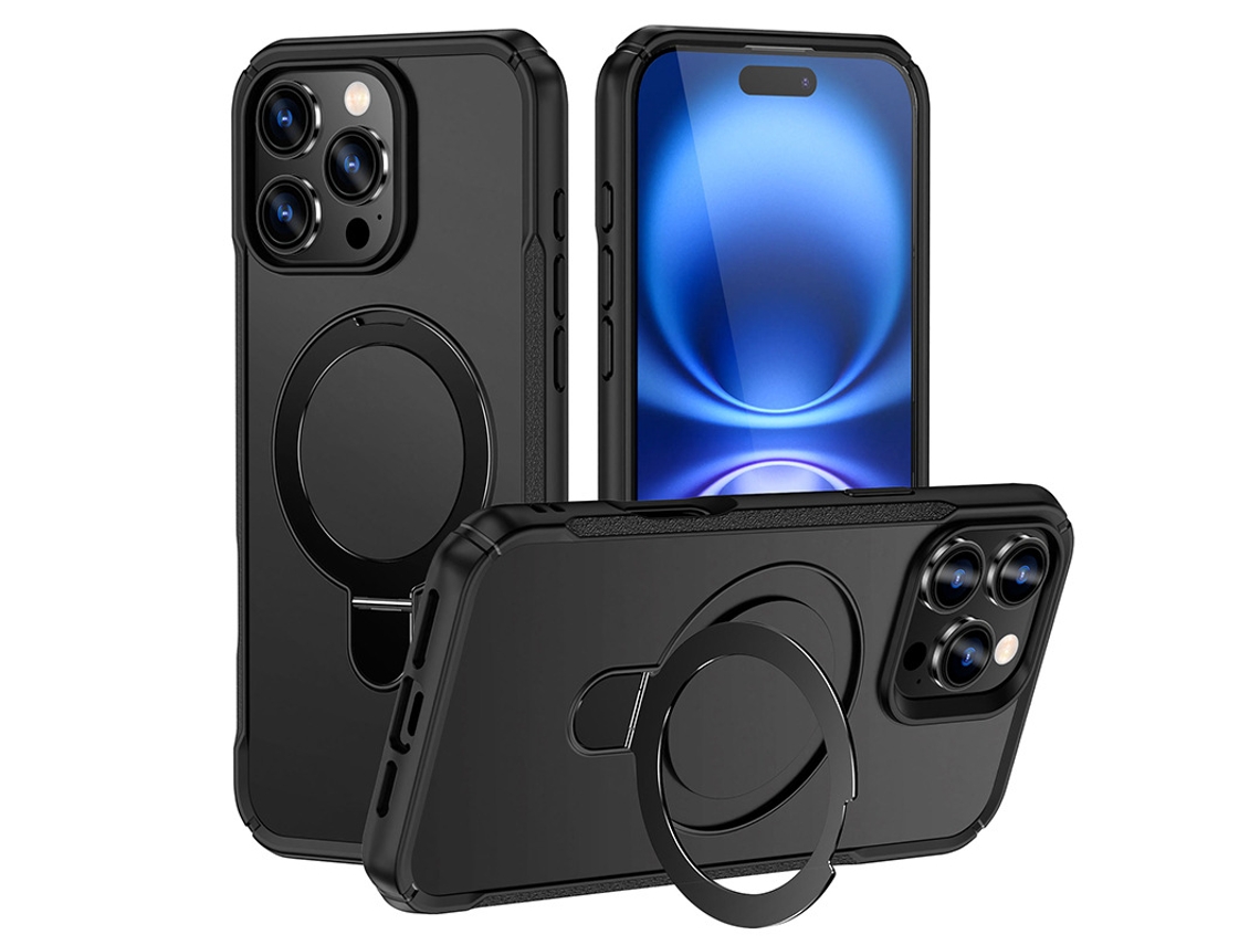 Capa Iphone 14 Pro Magnética Temperada, Compatível Magsafe, Suporte Invisível E Anel, Proteção Militar - Preto