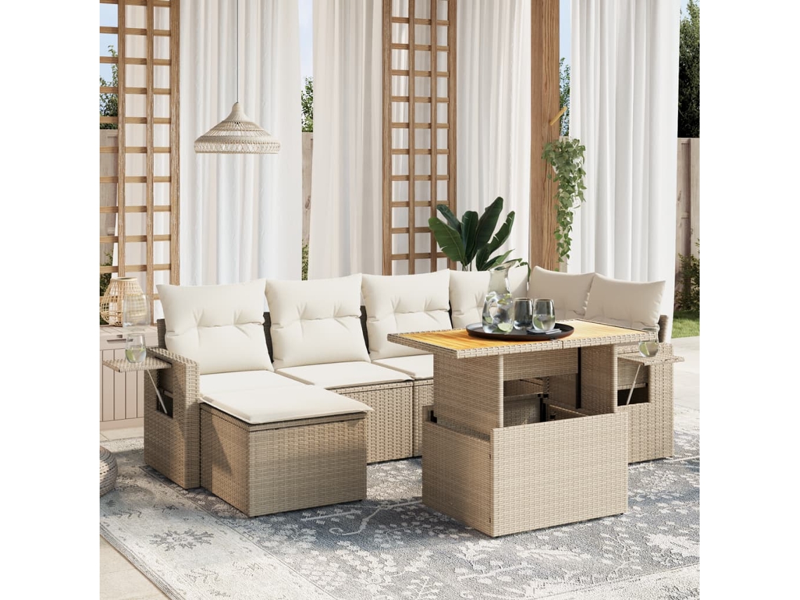 Vidaxl 7 Pcs Conjunto De Sofás P/ Jardim Com Almofadões Vime Pe Bege