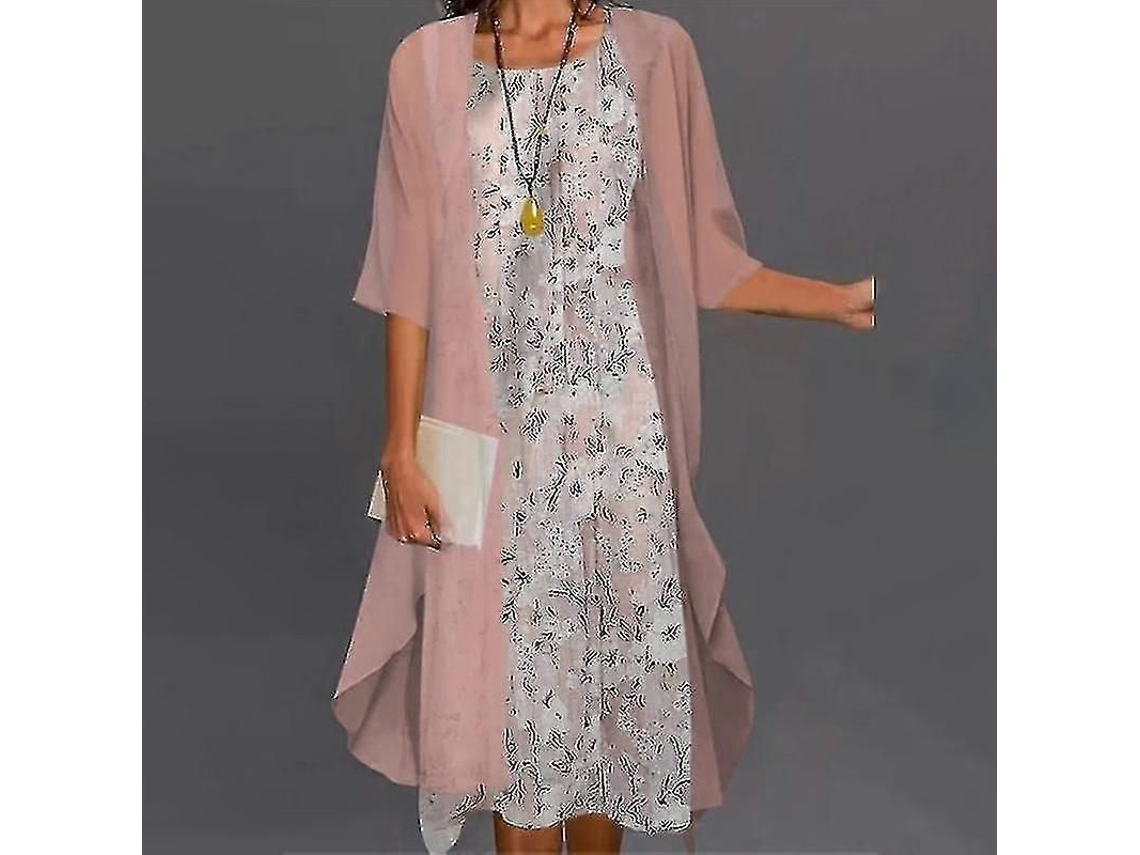 Vestido Boho Para Mulher Com Cardigan Estampado Floral Casual De Duas Peças Caqui 5xl