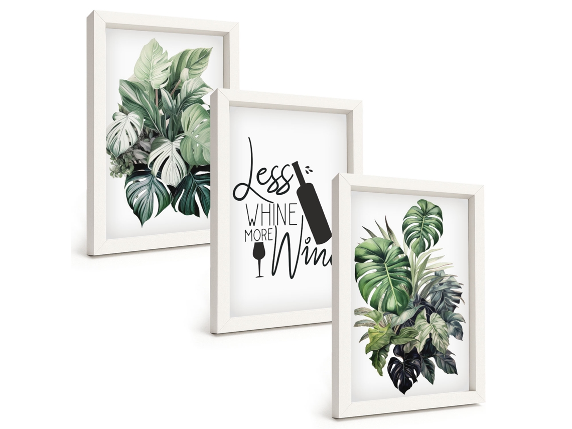 Composição De Quadros Folhas De Plantas Em Vinho Verde Espelharte (3 Peças 20x30 Cm)