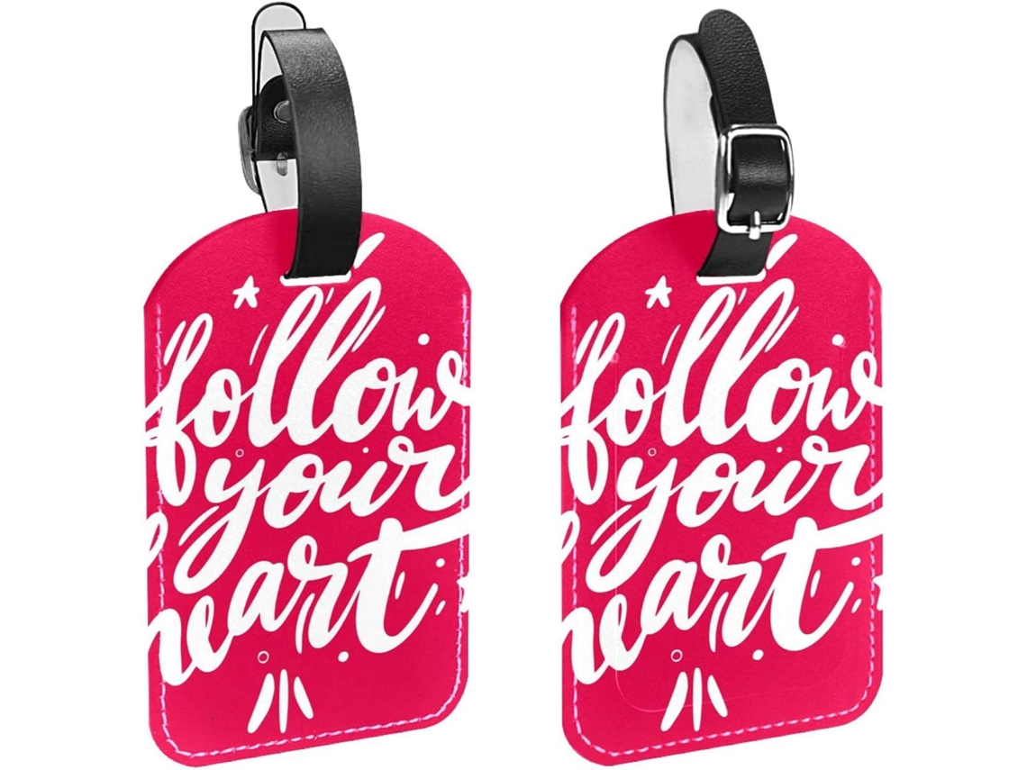 Conjunto De 2 Etiquetas Bagagem Em Couro Sintético Com A Inscrição Follow Your Heart Vermelhas E Brancas