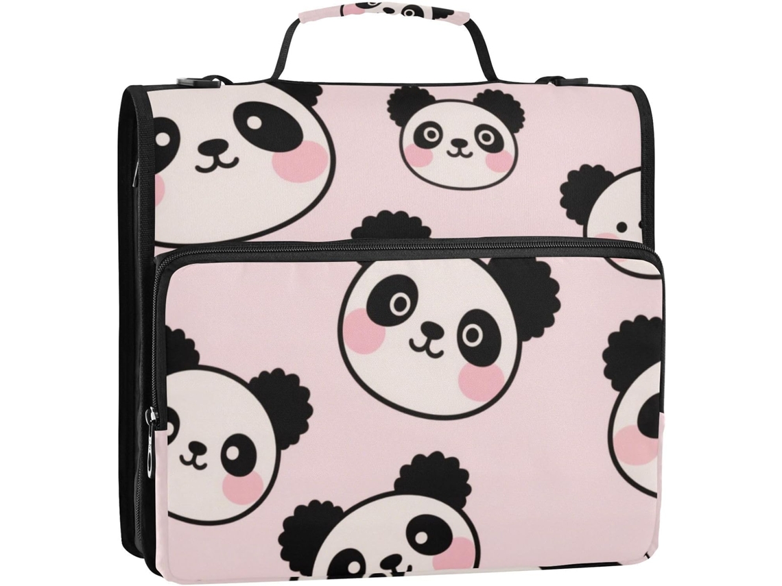 Organizador Adorável em Forma de Panda Rosa 3,8 Cm com 3 Argolas Resistentes, Fecho Zíper e Alça Ombro Fácil