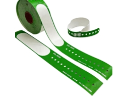Pulseira médica descartável, com 100 listras verdes, impressa termicamente EA Quente, para identificação do paciente.