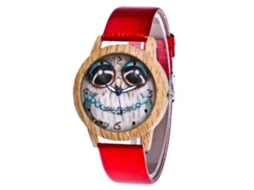 Relógio de pulso Zhoulianfa F-448 vermelho com quartzo, mostrador em formato de coruja e pulseira de PU.