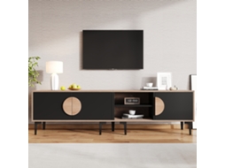 Painel Baixo 180x35x49cm Para Tv, Suporte Para Sala, Armário Com 2 Portas E Prateleiras Abertas, Madeira + Preto, Para Tvs De Até 80 Polegadas.
