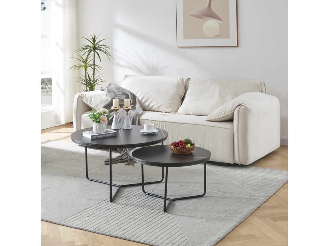 2 Poxdorf Center Table Conjunto de diferentes tamanhos de metal e aglomerado 45 x Ø 80 cm Efeito de mármore preto [EN.CASA]