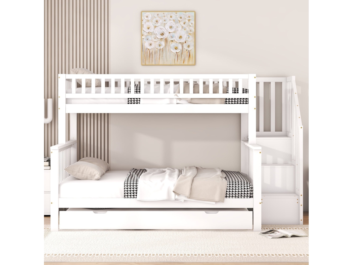 Cama Beliche infantil 90x200cm ou 140x200cm madeira maciça com baú, escada, reforço segurança, branco KOMHTOM