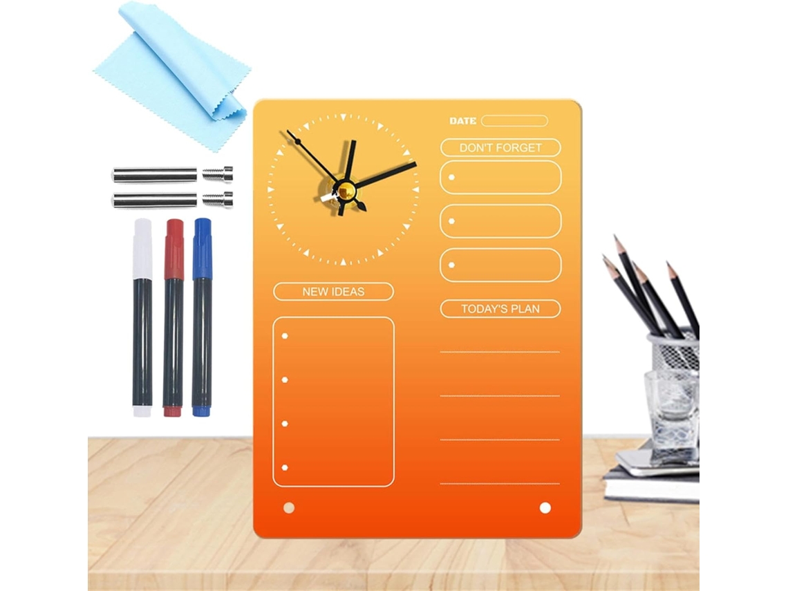 Quadro Branco De Mesa Em Acrílico Para Escrever E Apagar, Relógio Com Pano De Limpeza E 3 Canetas De Cores