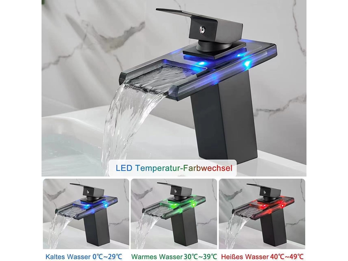 Torneira Para Pia De Banheiro Com Luz, Torneira De Banheira Com Alça Tipo Cascata E Furo Único, Preta Fosca Hdd