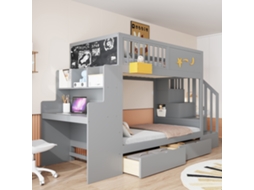 Beliche Infantil 90x200 Cm Em Pinho Maciço Com Gavetas De Arrumação, Escada Segura, Secretária E Motivo De Estrela, Cinzento