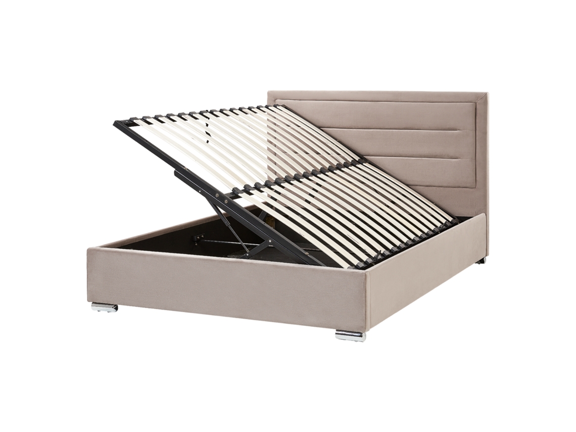 Cama de Casal BELIANI Rouen de Veludo Taupe 160x200