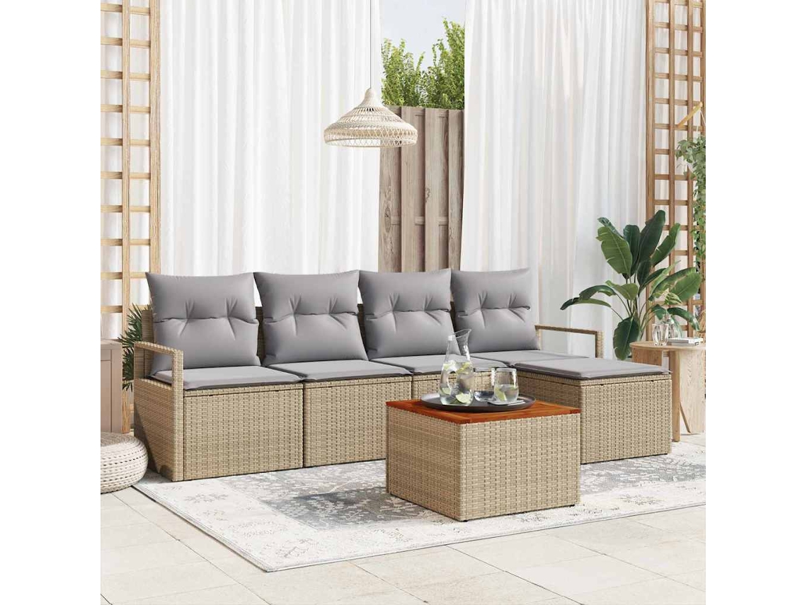 Vidaxl Conjunto De Sofá De Jardim Com Almofada 6 Pcs Bege Vime Pe