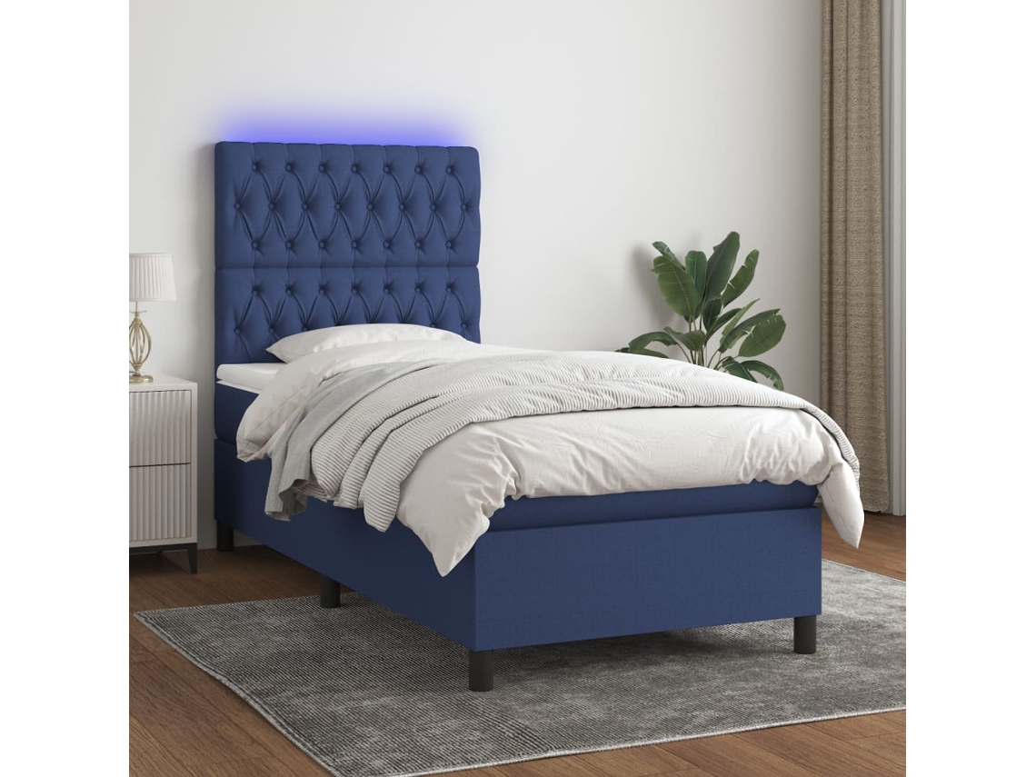Vidaxl Cama Box Spring C/ Colchão E Led 90x200 Cm Tecido Azul