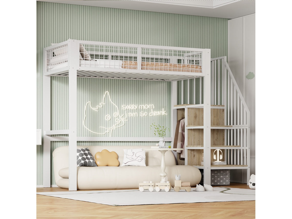 Cama Alta 90x200 Guarda Roupa Aberto Escada Branco