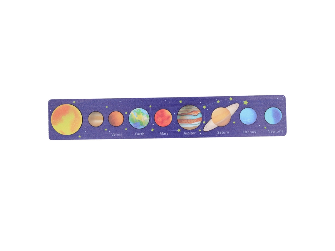 Primerox modelo de Sistema Solar em Madeira Brinquedo Educativo Puzzle com Placa Longa Fundo Azul para Crianças