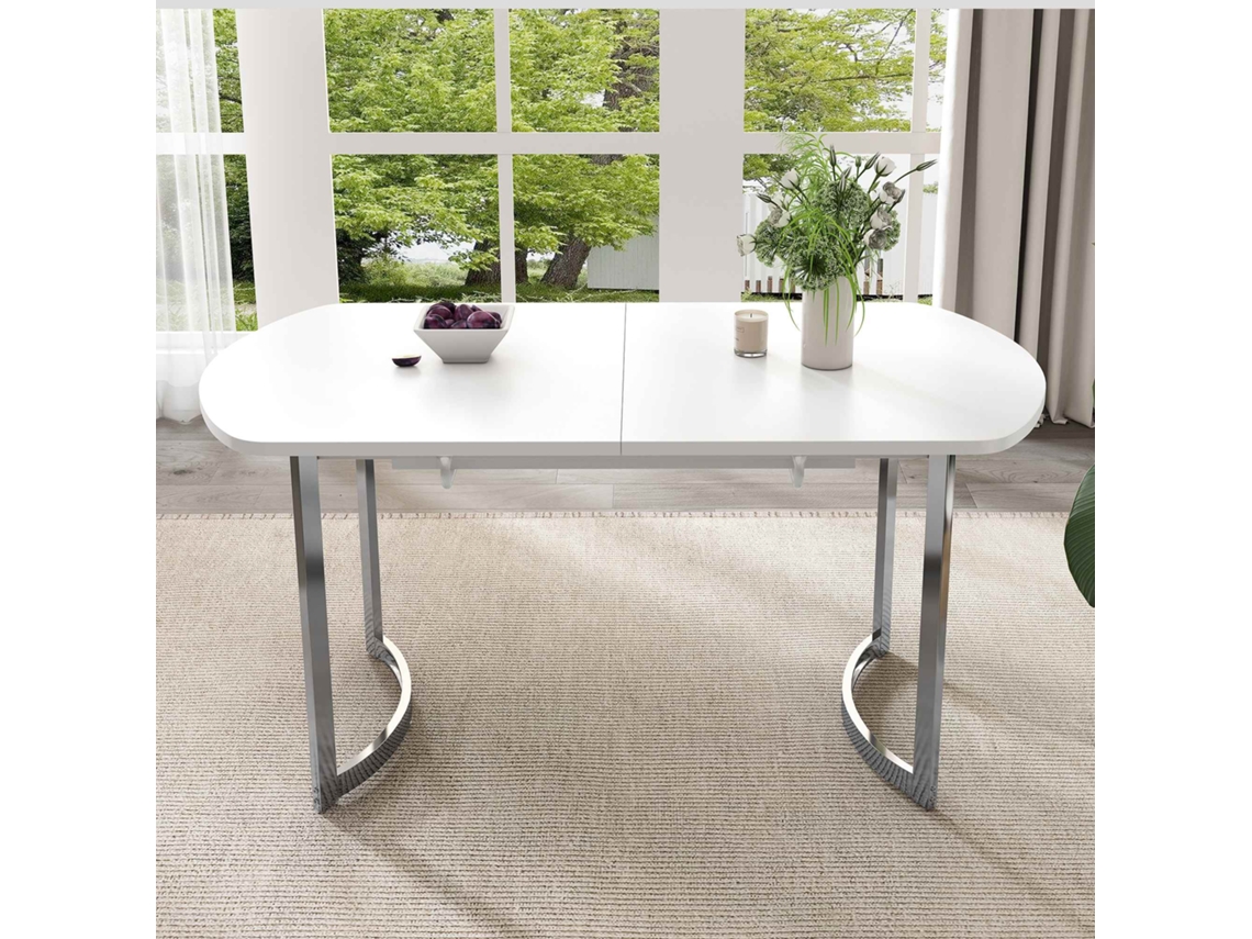 Mesa de jantar extensível, 140/180 x 80 cm, estilo moderno, pernas de metal prateado, para 4-6 pessoas, branca