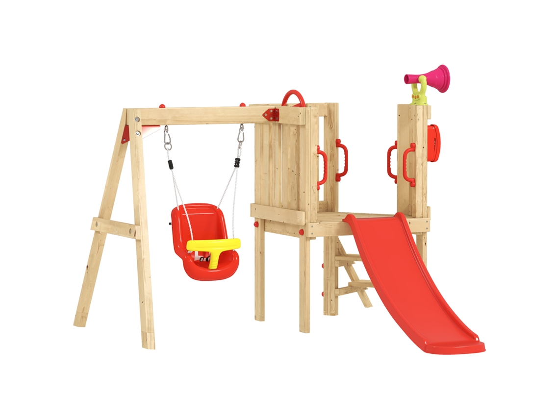 Parque Infantil de Madeira Vermelho e Natural, para Exterior. (baloiço, Escorrega, Volante, Buzina, Telefone)