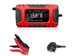 Carregador automático de baterias para carros e motos com visor digital e proteções inteligentes.