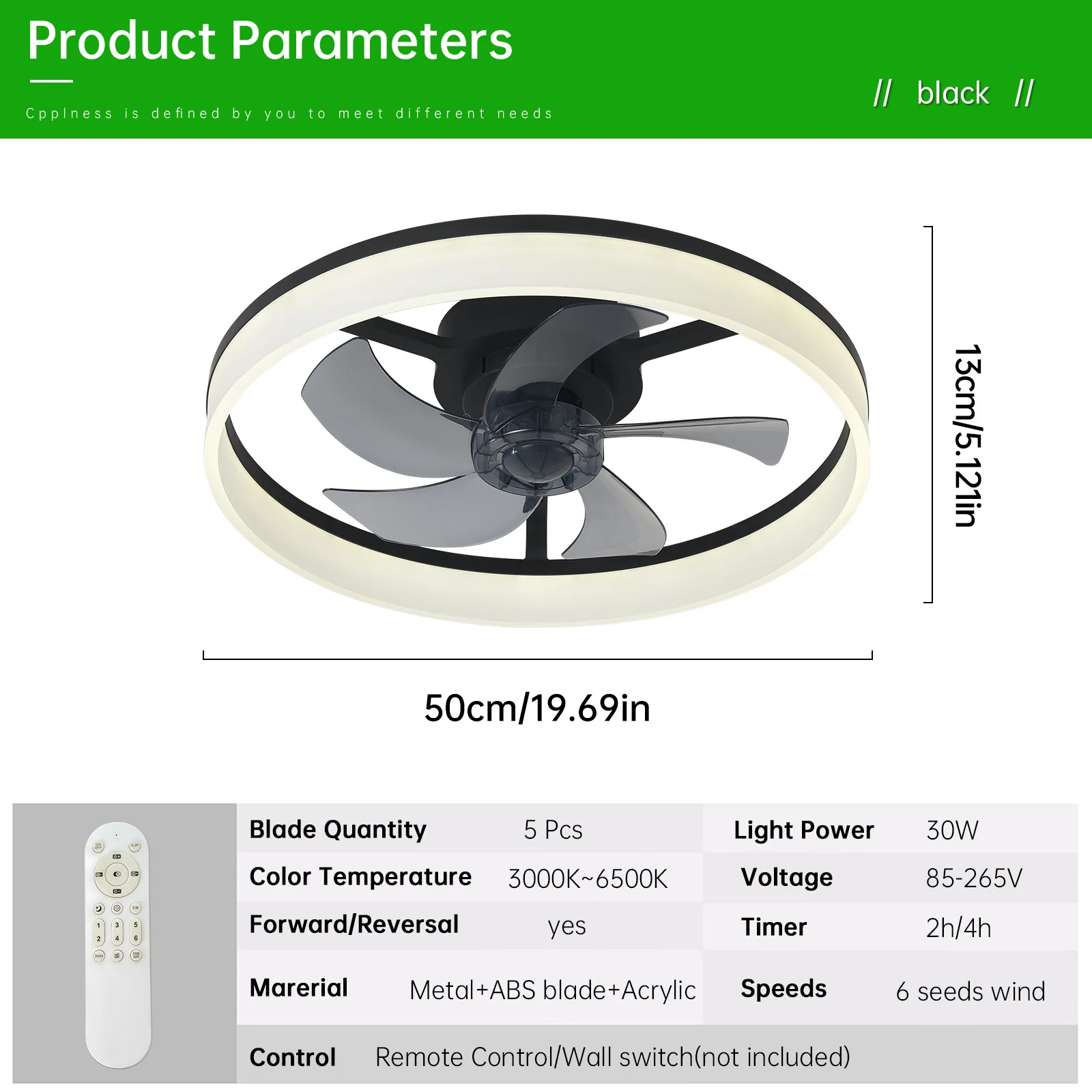 Ventilador de Teto MDUG com luz led, controle remoto, regulagem contínua e 6 velocidades (20 polegadas, preto)