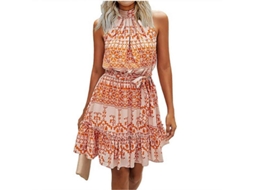 Vestido Halter Bóhemio Estampado Floral Ou Pontos Com Cinto Ajustável Manga Curta Comprimento Joelho Feminino Estampa De Damasco
