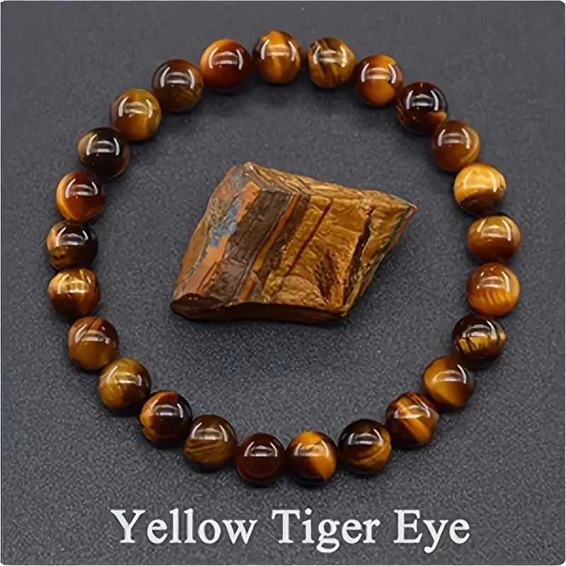 Pulseira de Contas de Pedra Natural para Yoga, Reiki, Amuleto e Talismã da Sorte MDUG (olho de Tigre Amarelo, 21 Cm)