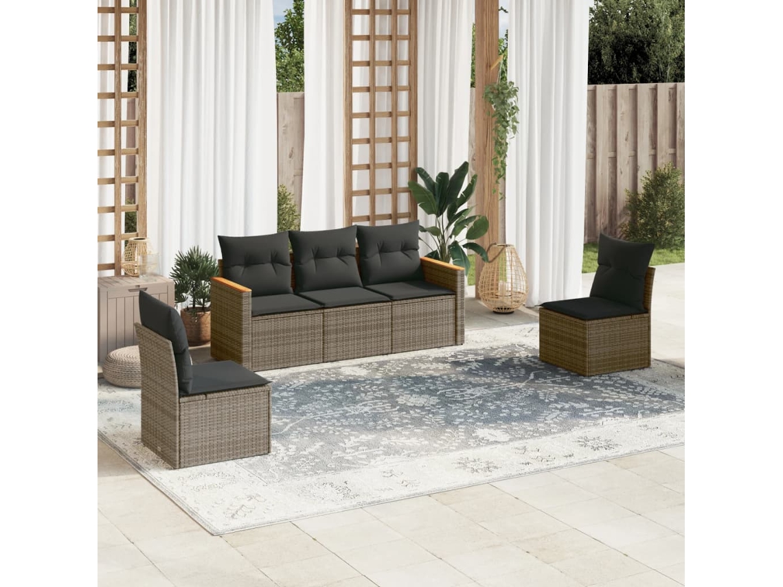 Vidaxl 5 Pcs Conjunto Sofás De Jardim C/ Almofadões Vime Pe Cinzento
