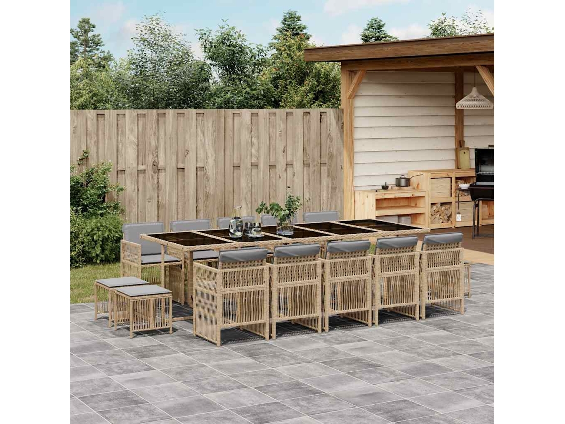 Vidaxl 15 Pcs Conj. Jantar Jardim C/ Almofadões Vime Pe Bege Misturado