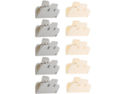 Conjunto Ganazono com 10 prendedores de plástico bege para fechar sacolas de papel e salgadinhos, ideais para uso doméstico.