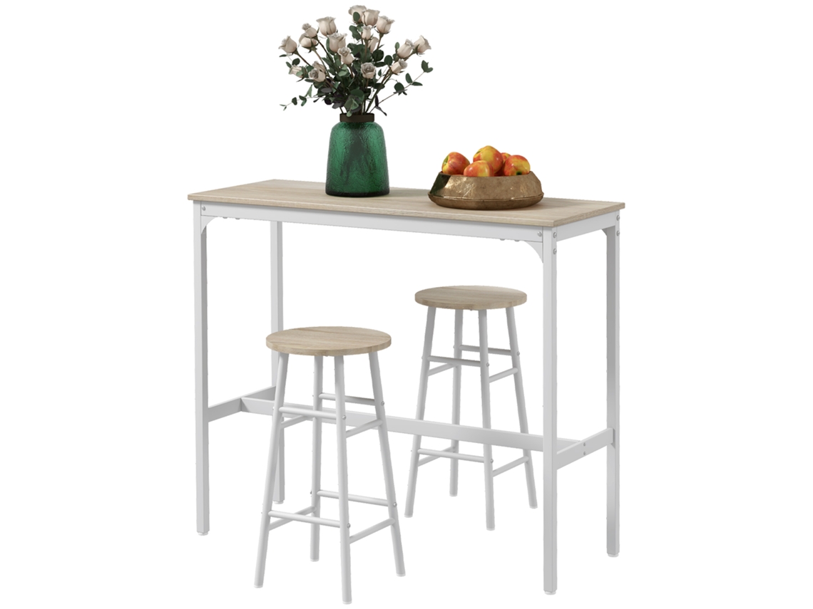 Conjunto Mesa Natural Branco 2 P/2 Alta + Bancos Estrutura Aço Com Tampo Madeira Pessoas |