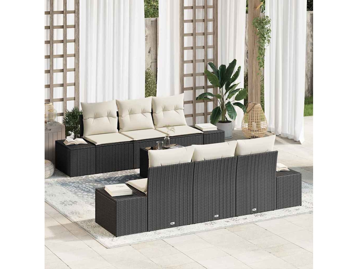 Vidaxl Conjunto De Sofá De Jardim Com Almofada 7 Pcs Preto Vime Pe