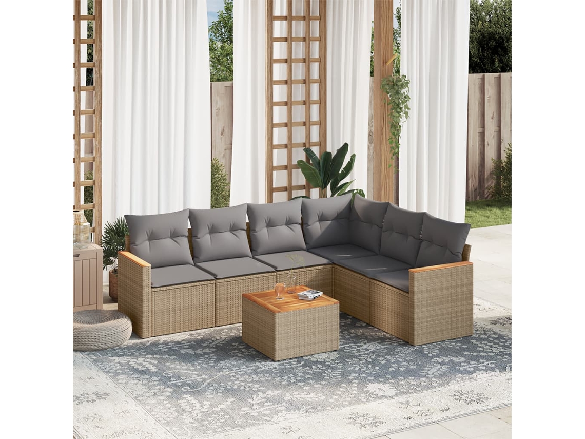 Vidaxl 7 Pcs Conj. Sofás Jardim C/ Almofadões Vime Pe Bege Misturado