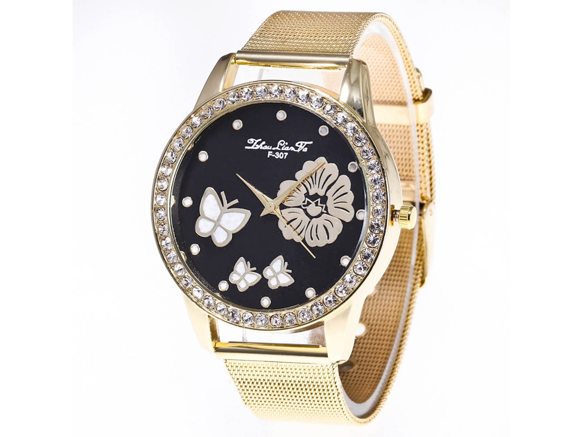 Relógio de pulso dourado com strass, modelo Quarter, para casais, homens e mulheres.