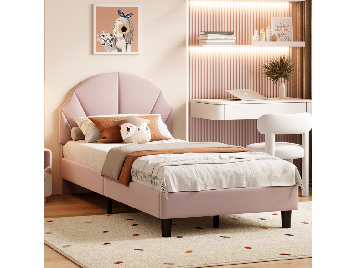 Cama Infantil 90 X 200 Cm, Cama De Solteiro, Cabeceira Ajustável Em Altura Estrutura De Ripas Rosa Veludo Rosahqnda