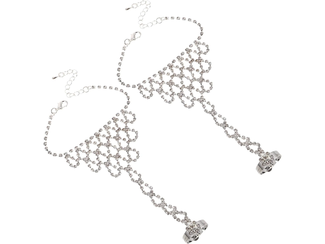 Conjunto De 2 Pulseiras De Mão Em Corrente Prateada Com Anéis Adornados Com Pedras Brilhantes.