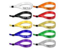 Pulseiras personalizadas em tecido com logotipo impresso para identificação de eventos, casamentos e festivais.