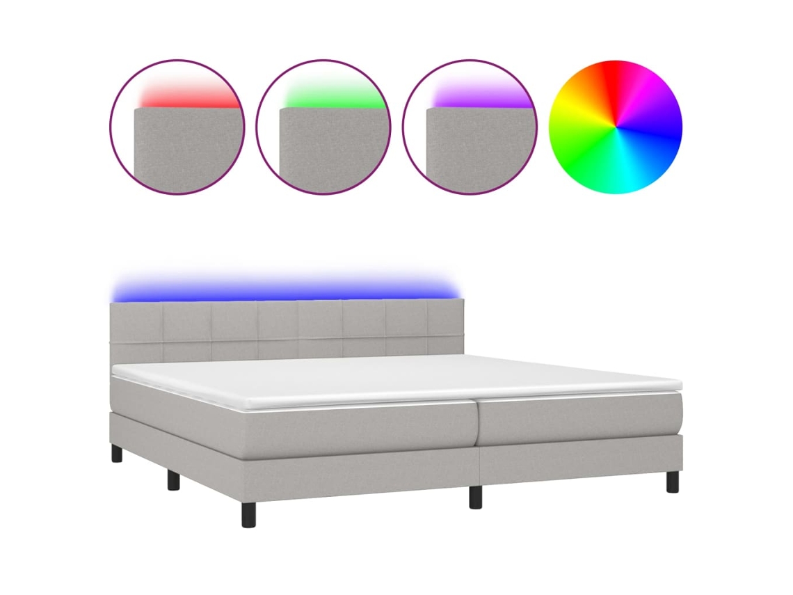 Cama Box Spring com Colchão e Led Tecido Cinza Claro MAISON EXCLUSIVE (200x200 cm)