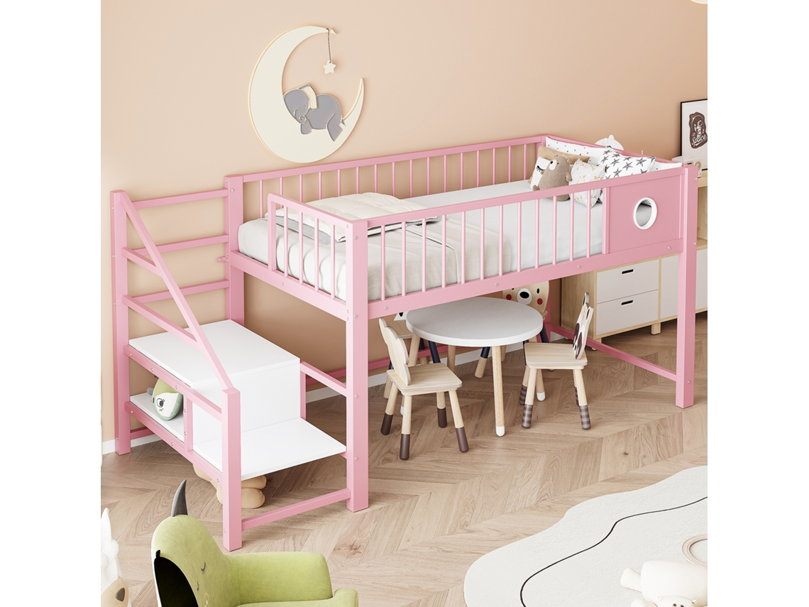 Cama Alta Baixa 90x200cm Com Escada Armazenamento Rosa Para Crianças