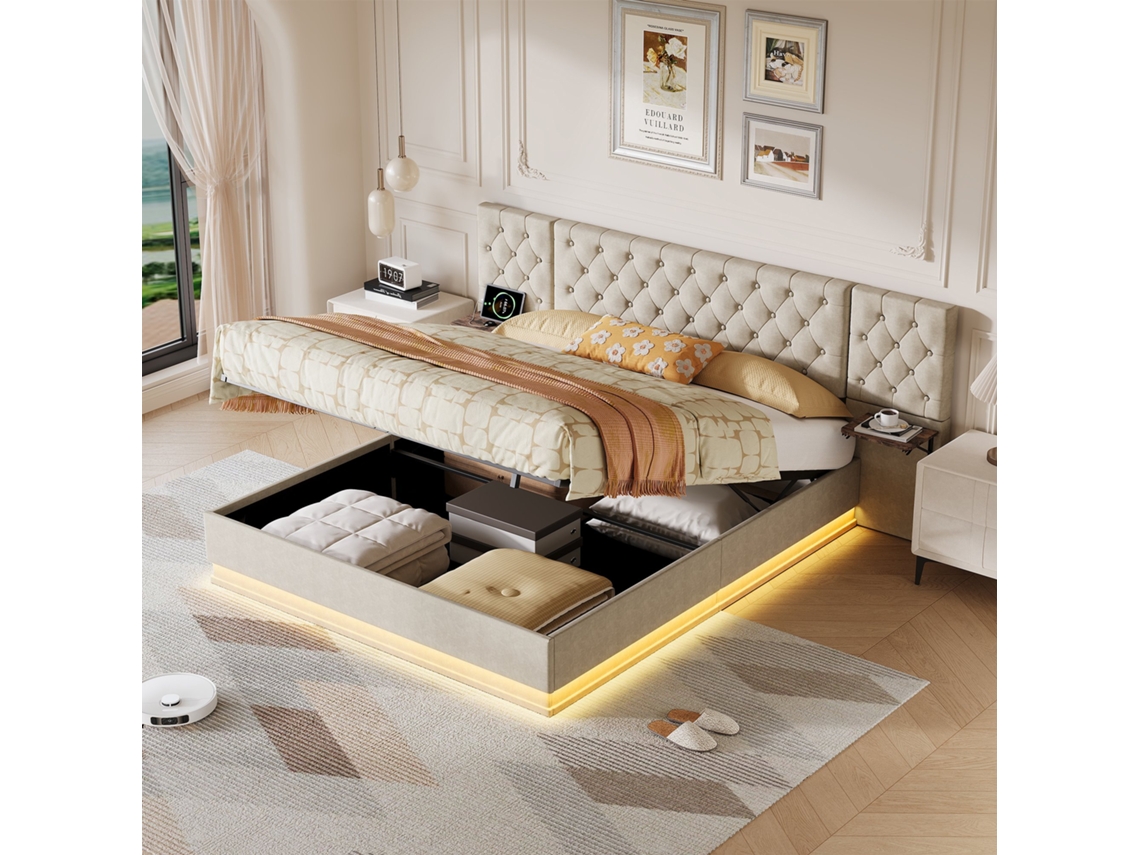 Cama De Casal 160x200 Cm, Estofada Com Cabeceira E Espaço De Arrumação, Cama Com Led E Usb, Base Ripada Com Estrutura, Bege