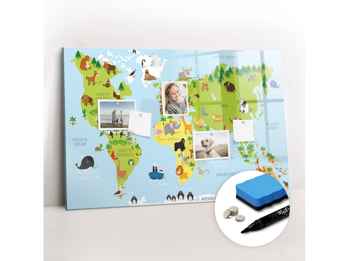 Quadro Magnético Colorido Mapa-múndi Com Animais Para A Sala De Estar Espelharte (90x60 Cm)