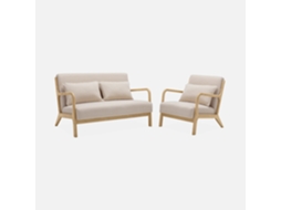Banco De 2 Lugares E Poltrona De Madeira Com Tecido Bege, Beige Sweeek
