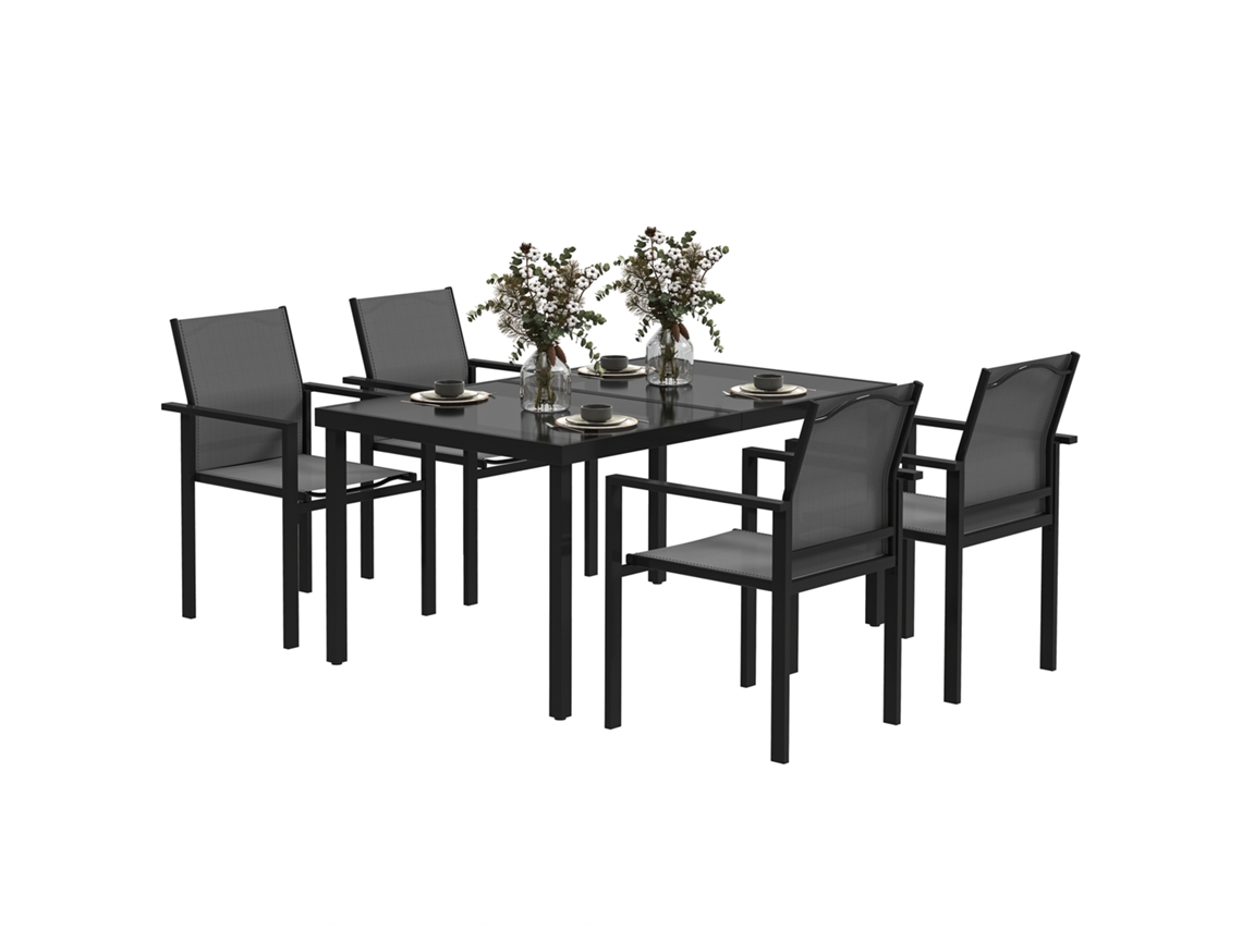 Mesa de Jardim Externa com 4 Cadeiras Empilháveis. Topo de Vidro Temperado 140 Cm. Preto Ge