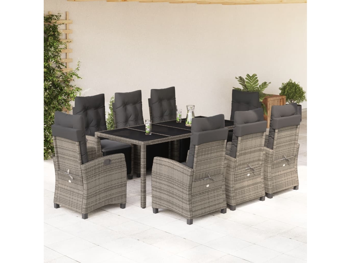 Conjunto 9 Peças Jantar P/ Jardim C/ Almofadões Vime Pe Cinza Dkd Home Decor