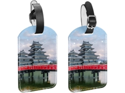 Conjunto De 2 Etiquetas Bagagem Em Couro Pu Com O Castelo Matsumoto, Japão Proteção A Privacidade