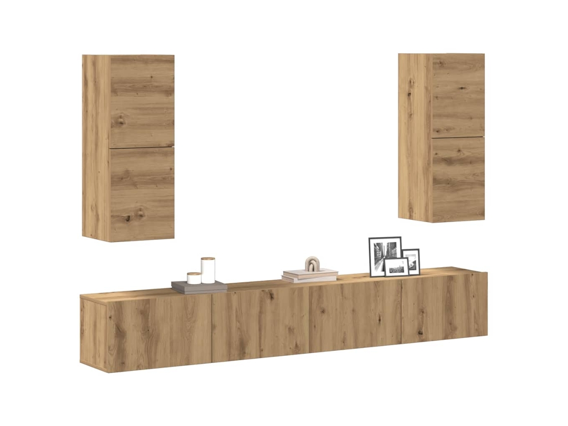 Conjunto De Armário Tv Parede 4 Pcs Madeira Carvalho Artisiano Dkd Home Decor