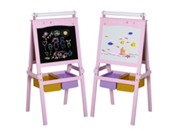 Cavalete Infantil 3 em 1 Quadro negro Dupla Face Quadro Branco Rolo de Papel com Acessórios + Cestos de Armazenamento Integrados Mdf Rosa CHEZMOI