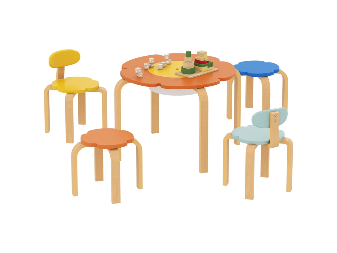 Conjunto Mesa Cadeira Infantil 5 Peças, Flor/bolsa Armazenamento, Madeira, Multicolorida, Sala Brincadeiras/infantil Xx